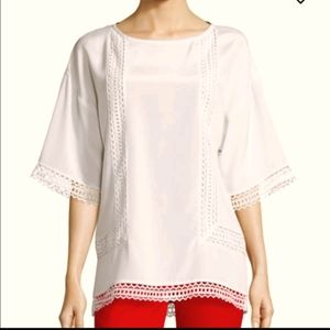 St.John lace off white silk blouse short sleeves crew neck .Large